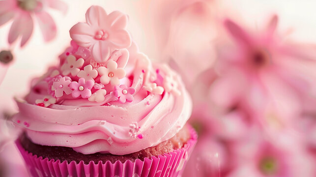 cupcake with pink frosting, pink cake, pink food wallpaper, red wallpaper, pink wallpaper, blurred bokeh background, lifestyle, birthday and celebration wallpaper