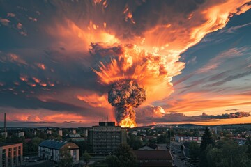A large explosion has occurred in a city - obrazy, fototapety, plakaty
