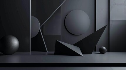 Futuristic 3D Geometric Shapes on Sleek Black Background, Abstract Composition