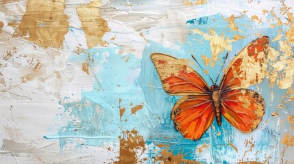 Freehand Abstract Art Print with Golden Grain, Butterfly on Oil Painted Canvas Illustration