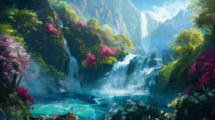 Idyllic Spring Landscape with Waterfall, Colorful Flowers and Jumping Fish, Panoramic Painting - obrazy, fototapety, plakaty