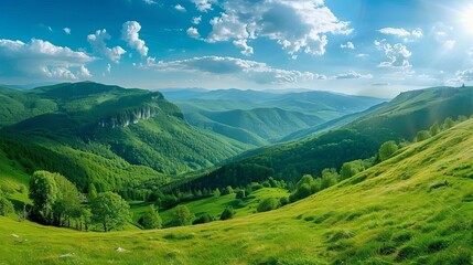 Fototapeta premium Majestic Mountain Landscape with Lush Green Valley, Panoramic Nature View