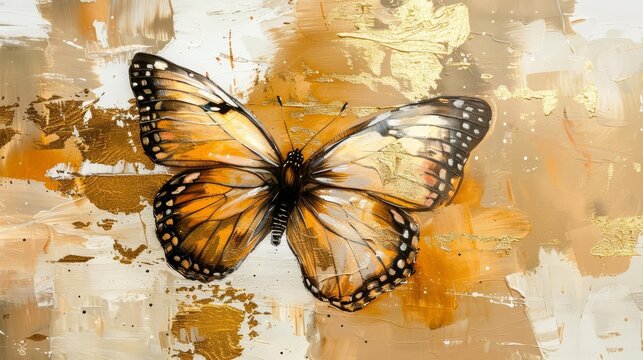 Freehand Abstract Art Print with Golden Grain, Butterfly on Oil Painted Canvas Illustration
