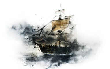 Ghost Ship Drifting Through the Dark Abyss Isolated on Transparent Background PNG. - obrazy, fototapety, plakaty