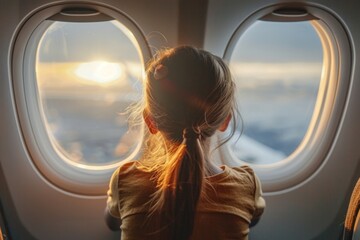 Back view of young child on the airplane open the window with curiosity. Travel concept