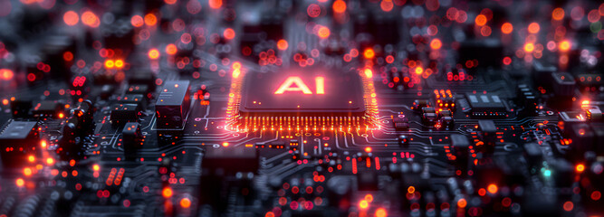 A computer chip with the letters AI on it. The chip is lit up with bright red lights - obrazy, fototapety, plakaty