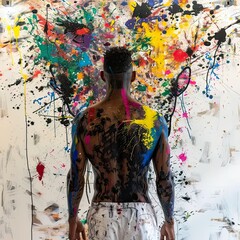 a man standing in front of a colorful painting