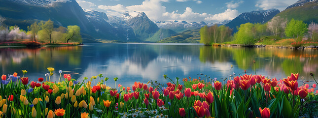 Springtime Bloom by a Serene Norwegian Lake
 - obrazy, fototapety, plakaty