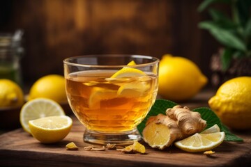 Ginger tea with lemon and honey on wooden table, traditional drink