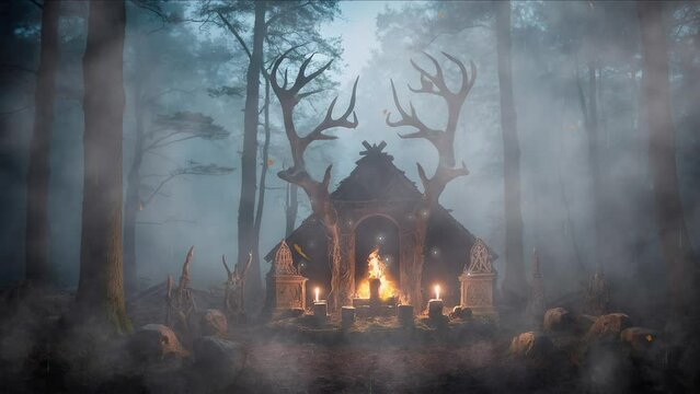 Delve into the depths of darkness with this 4K video capturing a satanic sacrificial altar nestled within the heart of a forest, adorned with deer heads and flickering candles