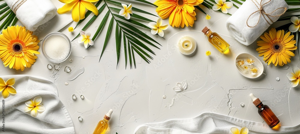 Poster aromatherapy spa setup with essential oils on gray table for a calming and relaxing atmosphere