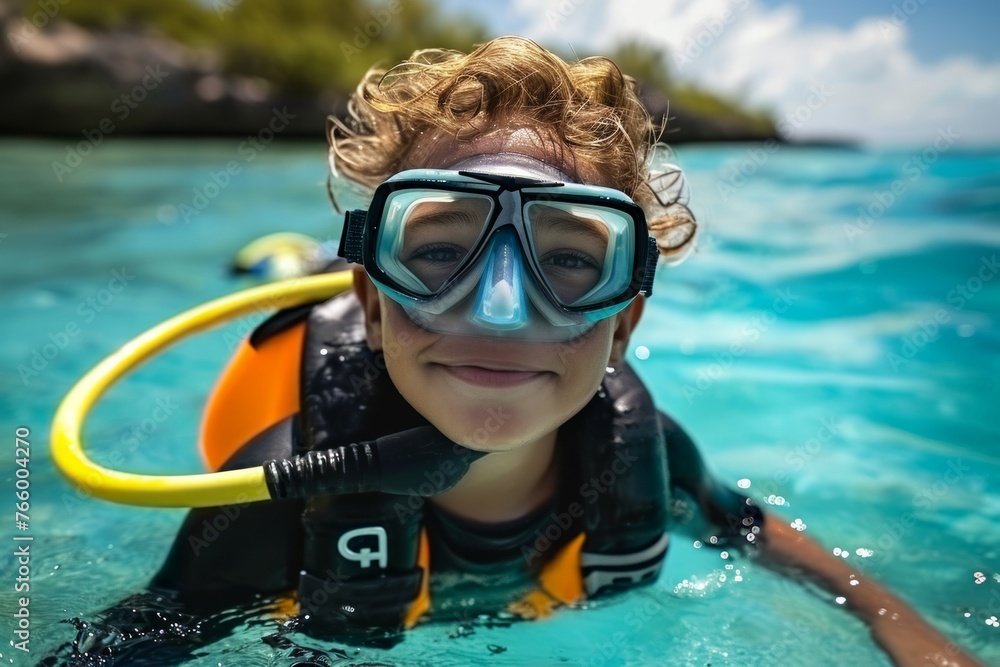 Wall mural Child at diving lessons. Background with selective focus and copy space