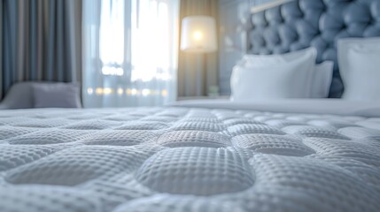Close up shot of a white mattress protector on a well made bed for detailed view
