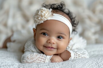 Fototapeta na wymiar A baby wearing a white dress and a flower headband is smiling