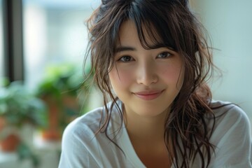 A woman with long hair and white shirt is smiling