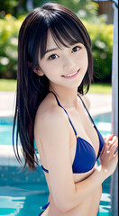 青空のプールサイドで笑顔のビキニの水着を着た若い女性