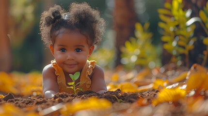 An adorable small child planting a seedling in a garden outdoors. 