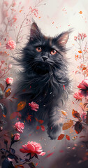 A cute black cat running through roses, with pink and purple pastel colors. AI generative