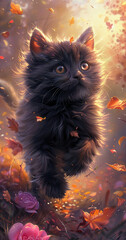 A cute black cat running through roses, with pink and purple pastel colors. AI generative