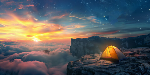 person camping on the edge of rock cliff above the sea of clouds at morning with  stars in the sky