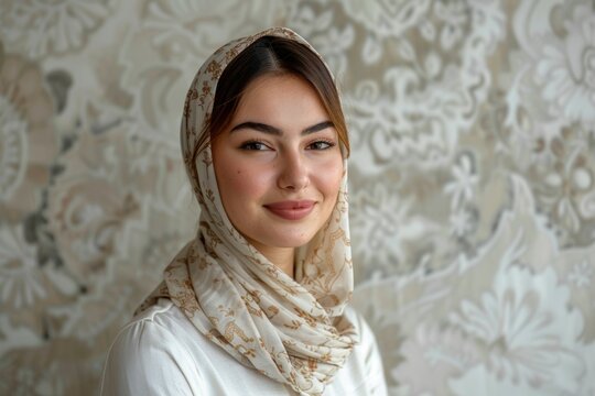 A woman wearing a scarf is smiling for the camera