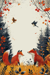 A fox, squirrel and bird in the forest. AI generative