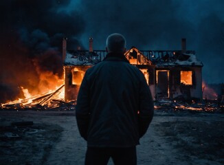 Man in front of a burning house
