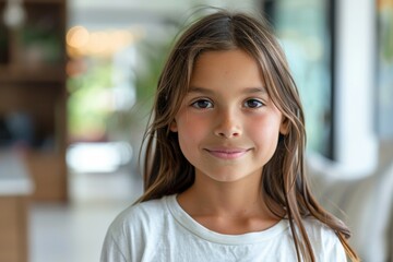 A young girl with long brown hair is smiling at the camera