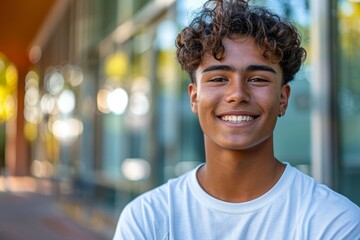 A young man with curly hair is smiling and wearing a white shirt