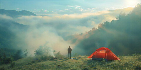 Person camping with red tent on the green field hill in foggy morning - obrazy, fototapety, plakaty