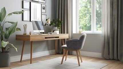 Home workplace with wooden writing desk and grey chair against window. Interior design of modern scandinavian home office. 