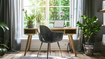 Home workplace with wooden writing desk and grey chair against window. Interior design of modern...