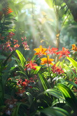 Fototapeta na wymiar Majestic Display of Vibrant JQ Orchids in Full Bloom amidst a Tropical Forest Landscape