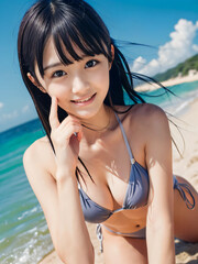 夏空のビーチでビキニの水着を着た笑顔の若い女性