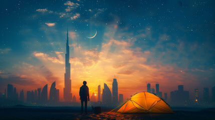 Person camping with yellow tent on the hill with city view in sunrise morning with crescent moon