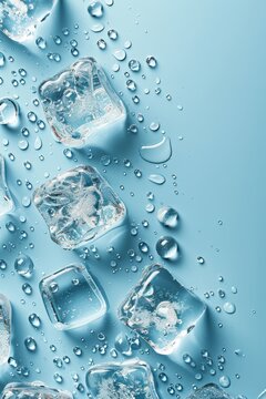 Chilled ice cubes with water droplets on blue surface, toned image for refreshing concept