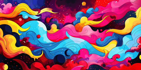 Cosmic Serenade of Color: A Dynamic and Vivid 90s Retro Wave with Abstract Pop Art Forms Dancing in a Psychedelic Galaxy
