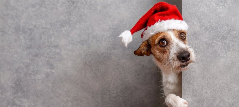 Adorable puppy in red christmas hat peeks out mischievously from behind a blank banner