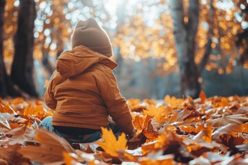 child playing with fallen leaves from the trees in autumn.