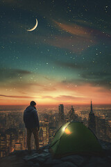 Person camping with green tent on the hill with city view at night with crescent moon and milky way...