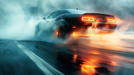 a sport car making a high speed burnout. Car burning out and creating smoke.
