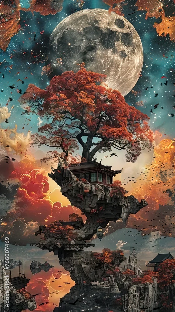 Poster a painting of a tree with a house on top of it