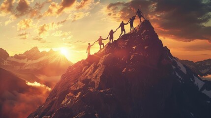 Silhouette of the climbing team helping each other while climbing up in a sunset. Teamwork and perseverance. - obrazy, fototapety, plakaty