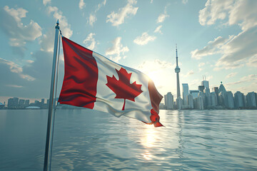 Canada Flag Waving. Toronto Skyline in the Background.