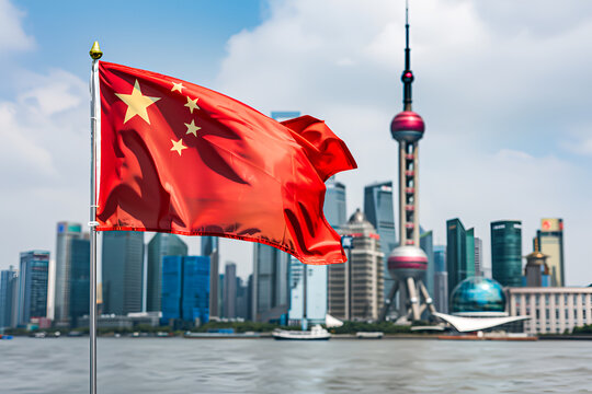 China Flag Waving. Shanghai Skyline in the Background.