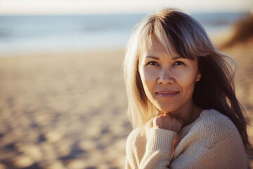 Fototapeta na wymiar portrait of good-looking middle-aged woman sitting on sandy beach enjoying sunlight, looking at camera. weekend, autumn.