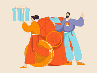 Use red envelopes to attract new customers and promote activity. Flat vector character concept illustration
