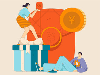 Use red envelopes to attract new customers and promote activity. Flat vector character concept illustration
