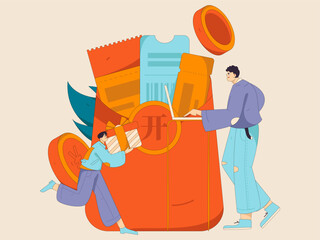 Use red envelopes to attract new customers and promote activity. Flat vector character concept illustration
