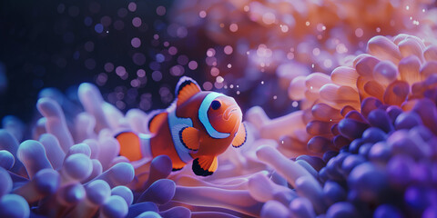 Clown fish playing in pink coral under water